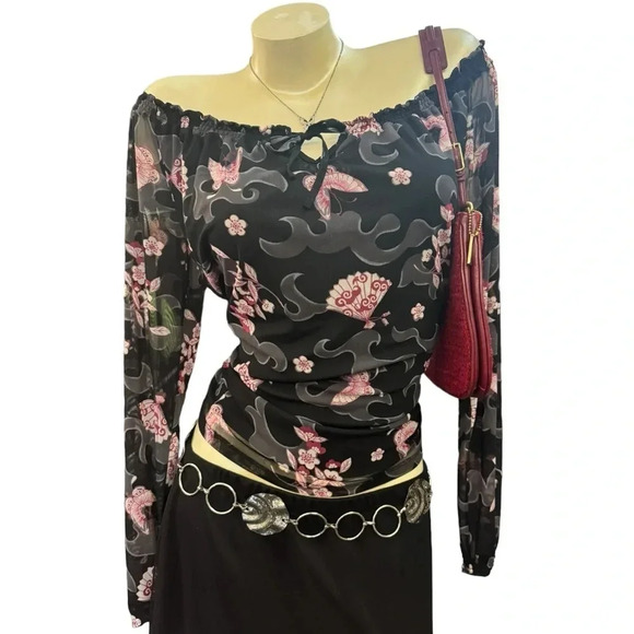 Y2K Sheer Mesh Top, Fairy Grunge Asian Floral Butterfly Mesh Top by INC - Picture 2 of 13